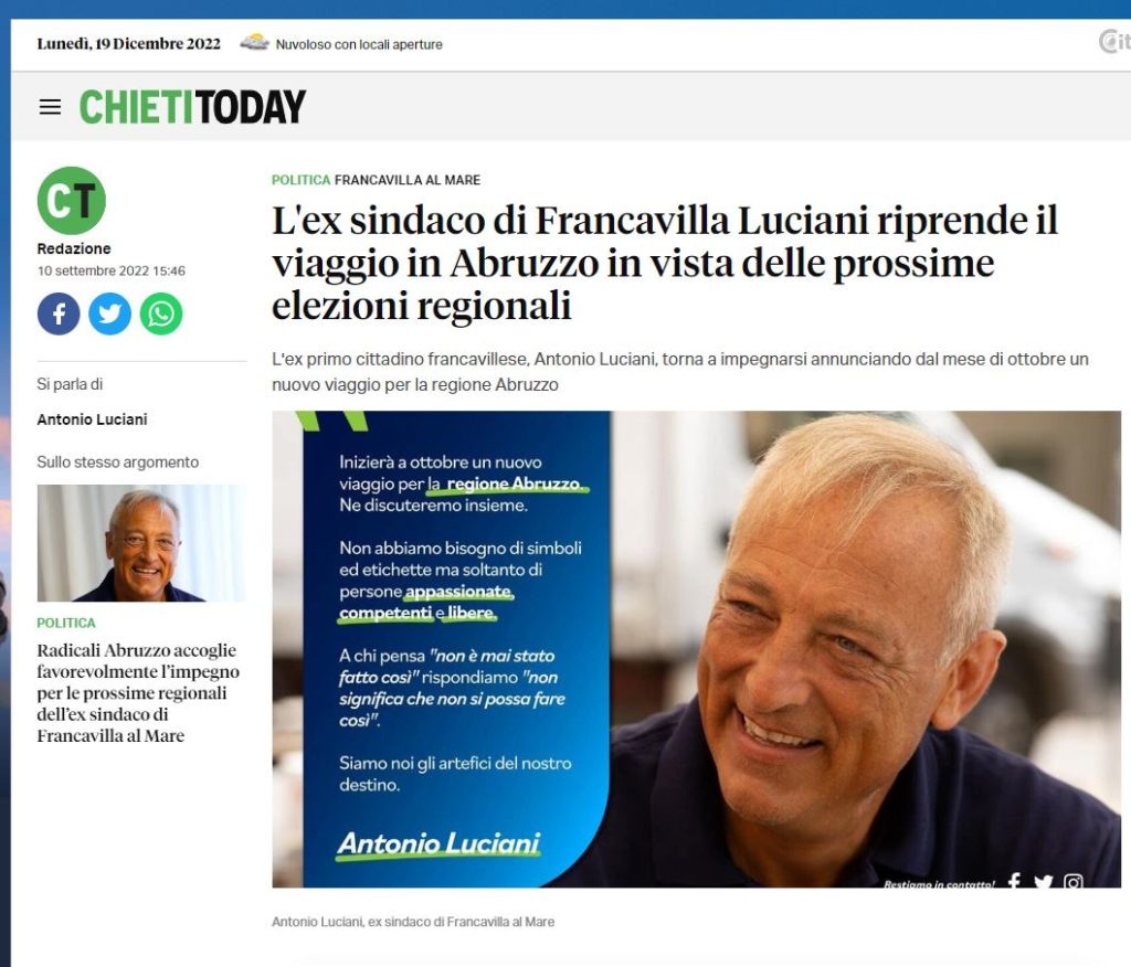 ChietiToday - 10 Settembre 2022 - L'ex sindaco di Francavilla Luciani riprende il viaggio in Abruzzo in vista delle prossime elezioni regionali