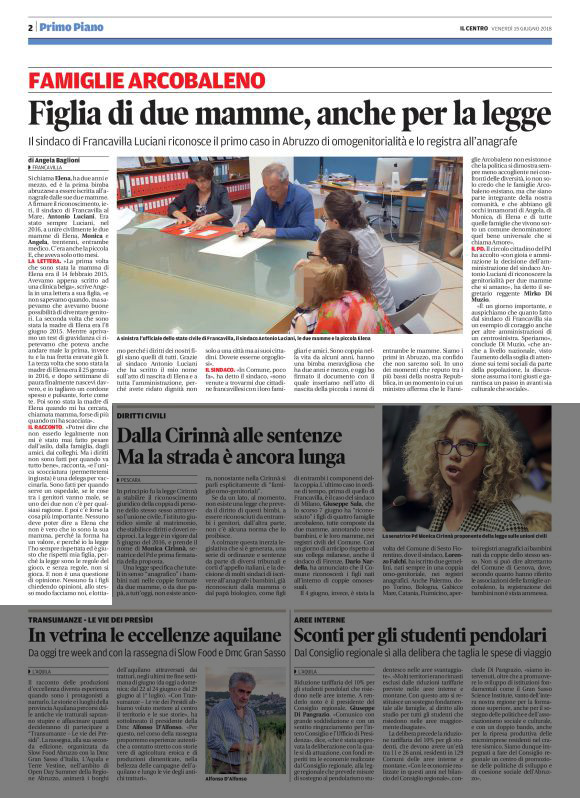 il Centro - 25 Giugno 2018 - Famiglia arcobaleno - Figlia di due mamme anche per legge
